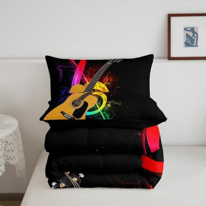 Erosebridal Guitar Bedding Set for Kids Boys Girls Teens Rainbow Musical Notes Comforter Set Full Size Rock Music Quilt Duvet Sets 3D Electric Guitar Down Comforter Bedroom Decor Black 3 Pcs