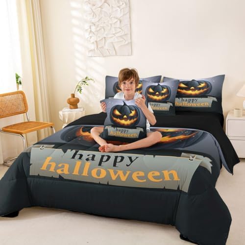 Erosebridal Happy Halloween 7 Pcs Comforter Set King, Glowing Pumpkin Lantern Bedding, Trick Or Treat Gothic Night Bed in A Bag Sheet Set, Grey Black Horror Cartoon Gray Yellow Stars Quilt