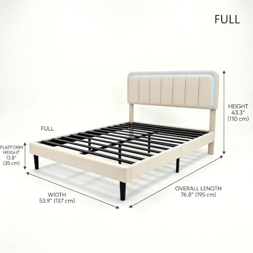 Garvee Full Size Bed Frame with LED Lights & Upholstered Headboard