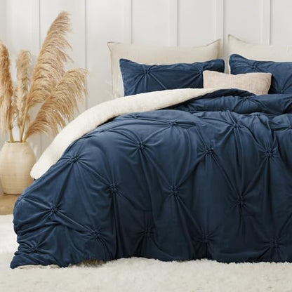 BEDELITE Fluffy Sherpa Queen Comforter Set,Pintuck-Navy