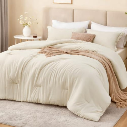 Love's cabin Beige Queen Comforter Set, 3-Piece Prewashed Bed Set