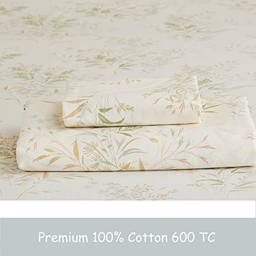 FADFAY California King Sheet Sets, Floral Leaves Bed Sheet Set Premium 100% Cotton 600 TC Green & Cream Flower Bedding Botanical Leaves Printed Soft Deep Pocket Fitted Sheet 4Pcs, Cal King
