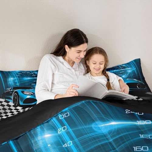 Erosebridal Teal Race Car Queen Comforter Set for Children Boys,Glitter Ombre Line Art Bedding Set Neon Light Sports Car Dashboard Quilt,Black and White Grid Lattice Buffalo Plaid Decor