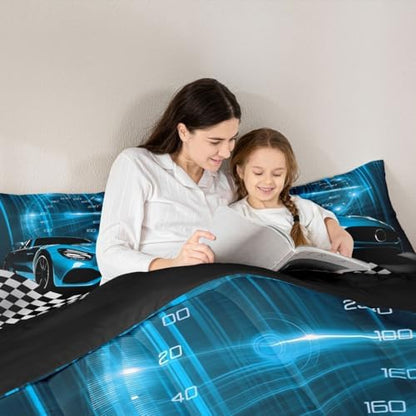Erosebridal Teal Race Car Queen Comforter Set for Children Boys,Glitter Ombre Line Art Bedding Set Neon Light Sports Car Dashboard Quilt,Black and White Grid Lattice Buffalo Plaid Decor