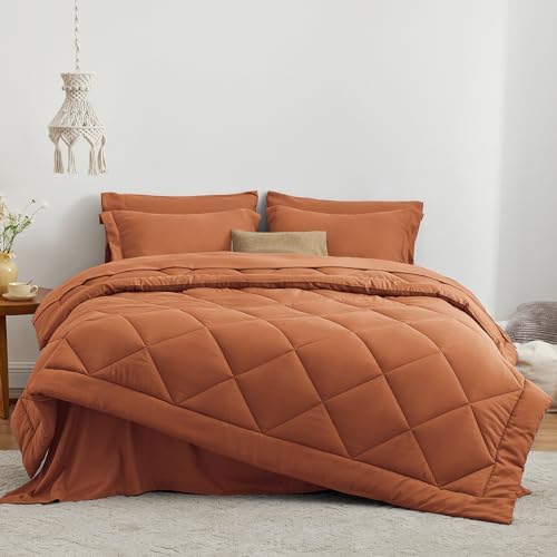 Love's cabin Queen Comforter Set Terracotta, 7 Pieces Queen Bed in a Bag, All Season Bedding Sets with 1 Comforter, 1 Flat Sheet, 1 Fitted Sheet, 2 Pillowcase and 2 Pillow Sham