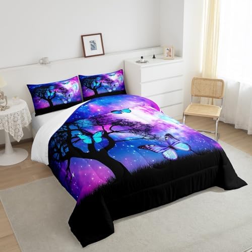 Blue Butterfly King Comforter Set for Girls Purple Starry Sky Bedding Cute Butterfly Bedding Comforter Sets Gradient Galaxy Dream Themed Duvet Insert for Boys Teens Kids Lovely Insect Decor Quilt