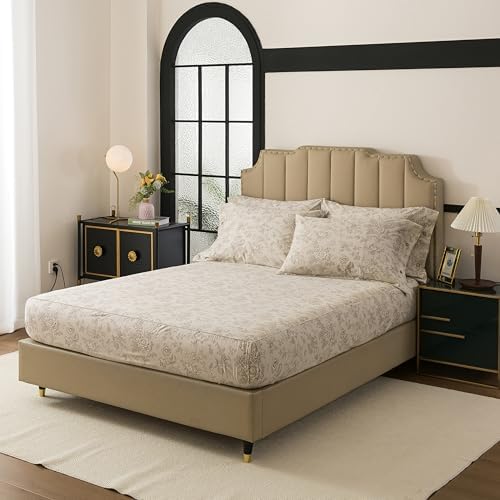 FADFAY Cal King Size Percale Cotton Sheets Set – 4-Piece Vintage Botanical Floral Bedding, Soft & Breathable, Deep Pocket Fitted Sheet, French Country Style