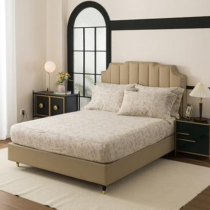 FADFAY Cal King Size Percale Cotton Sheets Set – 4-Piece Vintage Botanical Floral Bedding, Soft & Breathable, Deep Pocket Fitted Sheet, French Country Style