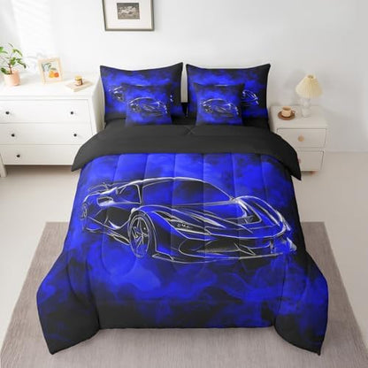 Feelyou Speed Sports Car Comforter Set with Sheets Full Size Kids Smoky Race Car 7 Pieces Bedding Set for Boys Girls Teens Racing Car Bed in a Bag Breathable Extreme Sports Bed Set Black Blue