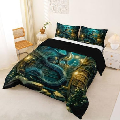 Feelyou Dragon Bedding Set Soft for Boys Girls, Magical Beast Comforter Set Queen Size Fantasy Animal Duvet Quilt Microfiber Wild Life Bedroom Decor Jungle Dragon 3 Pcs with 2 Pillow Cases