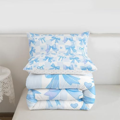 jejeloiu Watercolor Bow Comforter Set Toddler Size Blue Bow Bedding Set for Kids Boys Girls Dreamy Princess Style Duvet Quilt Bedroom Decor Microfiber 2 Pcs with 1 Pillow Cases