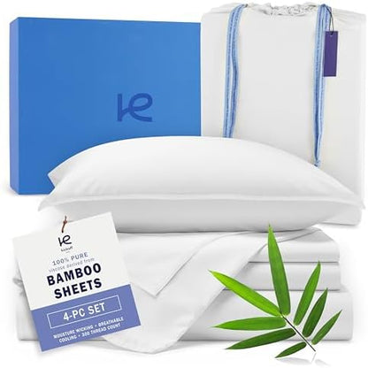 Kickoff Viscose Bamboo Sheets California King Size 4-pc 100% Organic Bamboo Viscose Bed Cooling Sheets Cal King Set Cool Bedding for hot Sleepers Sheet Set - Gift Ready Packaging (Snow White, CK)