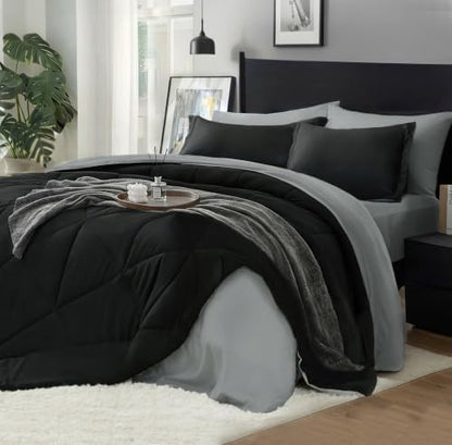 BEDELITE Full Comforter Set 7 Pieces, Reversible Black Bed in A Bag