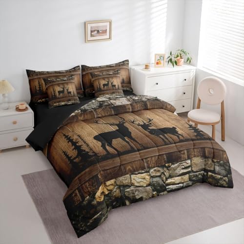 Erosebridal 7 Piece Hunting Deer Queen Size Comforter Set Rustic Cabin Western Bedding Sets with Sheets | Woodland Wildlife Print Bed in A Bag for Kids Adults Farmhouse Wooden Stone Decor Bed Set