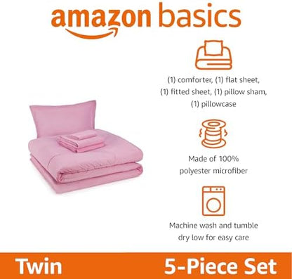 Amazon Basics 5-Piece Soft, Easy-Wash Microfiber Kid's Bed-in-a-Bag Bedding Set with Sheet and Comforter, Twin, Pink, Solid