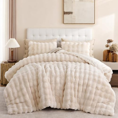 YIKUSH Queen Faux Fur Soft Comforter Set, Fluffy Beige Rabbit Fur Comforter