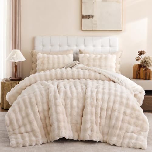 YIKUSH Full Faux Fur Soft Comforter Set, Fluffy Beige Rabbit Fur Comforter