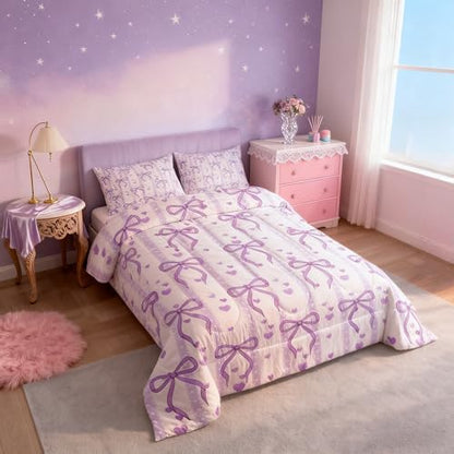 Castle Fairy Purple Bowknot Kids Comforter Set,Dreamy Princess Style Bedding Set All Season,Girls Teens Bedroom Decor,Sweet Heart Print Purple Ribbon Comforter Toddler Size,1 Pillowcase