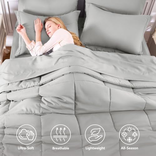 CozyLux King Size Comforter Set, 7-Piece Bed in a Bag, Silver Grey