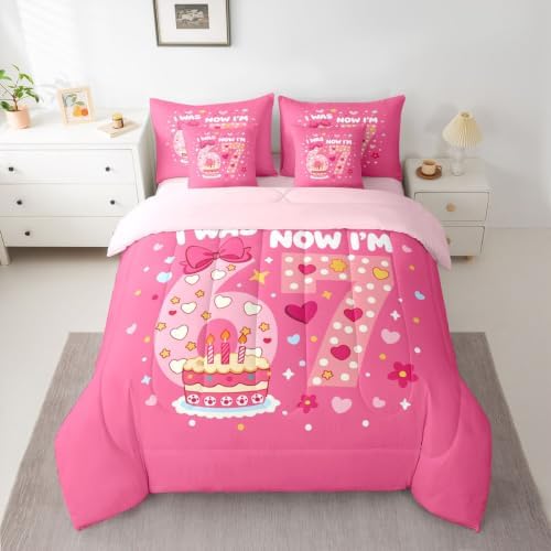 Erosebridal Pink 67 Bow Bedding Set 7 Piece King Size for Girls Kawaii Love Heart Princess Comforter Set for Kids Teen Women,Six Seven Bed in A Bag with Sheets Cute Girly Bed Sets
