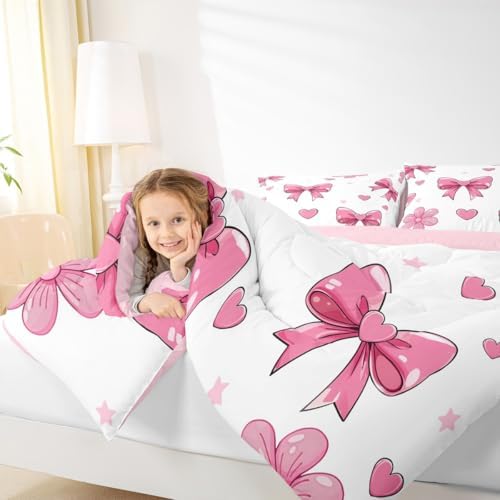 jejeloiu Pink Bow Bedding Set Soft for Boys Girls, Colourful Bowknot Comforter Set Queen Size White Pink Duvet Quilt Microfiber Butterfly Bowknot Bedroom Decor 3 Pcs with 2 Pillow Cases