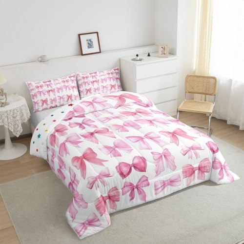 Feelyou Pink Bow Bedding Set for Kids Girls Woman Toddler Size Bowknot Comforter Set Ultra Soft Cute Coquette Bow Knot Comforter Bow Pattern Duvet Quilt Bedroom Decor Bow Decor Quilt