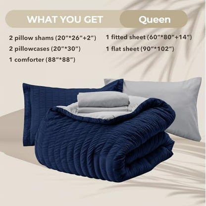 HYMOKEGE Navy Blue/Light Grey Queen Comforter Set Seersucker 7 Pieces, All Season Luxury Bed in a Bag Queen for Bedroom, Bedding Set with Comforter, Sheets, Pillowcases & Shams