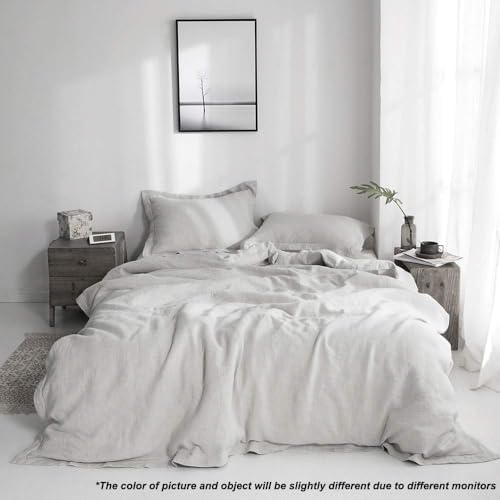 Simple&Opulence 100% French Flax Linen Duvet Cover Set with Embroidery Washed - 3 Pieces (1 Duvet Cover with 2 Pillow Shams) with Button Closure Soft Breathable Farmhouse - Light Grey, King Size
