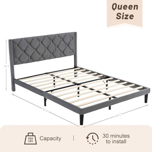 Queen Size Platform Bed Frame with Velvet Headboard