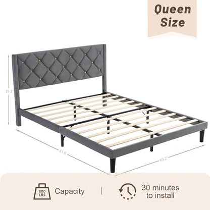 Queen Size Platform Bed Frame with Velvet Headboard