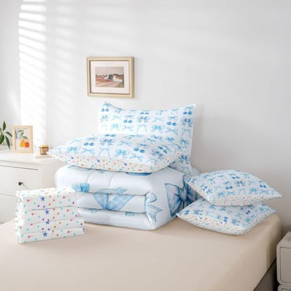Erosebridal Blue Cherry Bow Queen Comforter Set with Sheets Cute Silk Ribbon Bowknot 7 Piece Bedding Set, Princess Bow Tie Dreamy Kawaii Bed in a Bag, Princess Room Decor Aesthetic