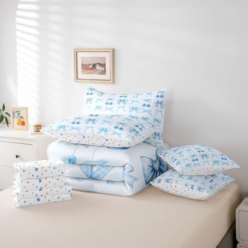 Erosebridal Blue Cherry Bow King Size Comforter Set with Sheets Cute Silk Ribbon Bowknot 7 Piece Bedding Set, Princess Bow Tie Dreamy Kawaii Bed in a Bag, Princess Room Decor Aesthetic