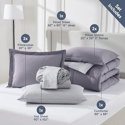 Nestl 9 Piece Queen Comforter Set – Grayish Purple Reversible Bed in a Bag – Complete Queen Size Bedding Set with Sheets, Set of 2 Cooling Pillows, Pillowcases and Shams