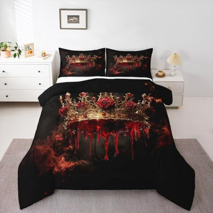 Golden Crown Kids Comforter Set Twin Size,Rose Flowers Smoke Gothic Romantic Bedding Set,Girls Boys Room Decor,Blood Western Halloween Quilt Comforter,Red Black Retro Duvet Insert,1 Pillowcase