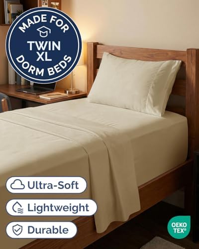 Extra Deep Twin XL Sheet Set - 3 Piece College Dorm Room - Beige
