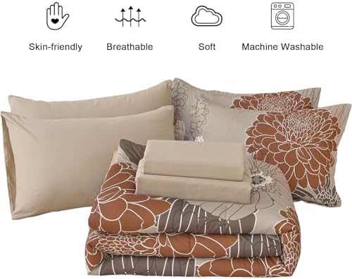 Yiran Floral Comforter Set King Size,7 Pieces Bed in a Bag Taupe Brown Comforter Soft Microfiber Bedding Sets 104"×90"