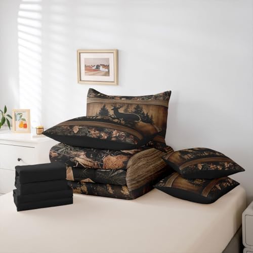 Erosebridal 7 Piece Farmhouse Deer King Bed in A Bag Camo Woodland Hunting Comforter Set with Sheets | for Kids Boys Teen Men,Rustic Cabin Bed in A Bag Wildlife Animal Print Bed Set Country Decor