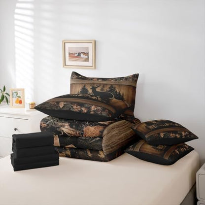 Erosebridal 7 Piece Farmhouse Deer King Bed in A Bag Camo Woodland Hunting Comforter Set with Sheets | for Kids Boys Teen Men,Rustic Cabin Bed in A Bag Wildlife Animal Print Bed Set Country Decor