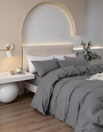 JIYUAN California King Washed Cotton Duvet Cover Set, Relaxed Linen Feel