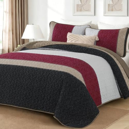 Cottolester Quilts Queen Size,Black Red Striped Bedspread Coverlet Set