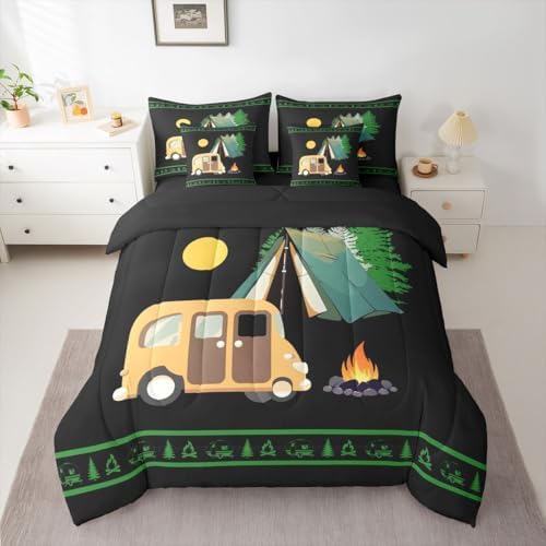 Erosebridal Camper Decor Teens Comforter Set with Sheets Happy Camping 7 Piece Bedding Set Rustic Farmhouse Bed in A Bag Twin Size Bonfire Rv Travel Trailer Bed Sets for Kids Boys Adult, Black Green