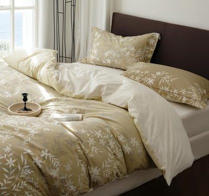 Comforter Queen Size - 100% Cotton Gradient Mustard Yellow Floral Reversible Comforter Set, Luxury and Breathable Bedding Set for All Season, 3 Pieces, 90"x90"
