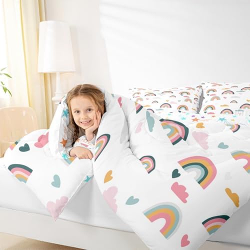 Erosebridal Kids Rainbow Bedding Set, Girly Love Heart Comforter Set Full Size Cartoon Rainbow Cloud Duvet Sets for Girls Boys Women Bedroom Decor, Soft Microfiber Down Comforter 3 Pieces,Colorful