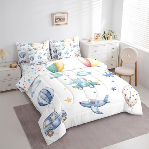 Erosebridal Colorful Hot Air Balloon Full Comforter Set with Sheets, Cute Airplane Aircraft 7 Pcs Bedding Set for Boys Kids Adults Girls, Cartoon Car Lovely Heart Bed in A Bag, Star Print Bed Sets