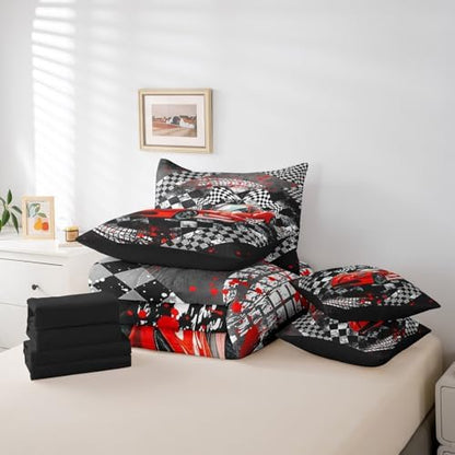 Castle Fairy Boys Red Race Car Comforter Set Bed in a Bag 7 Pieces Twin,Speed Sports Car Bedding Set,Fast and Furious (Comforter+Fitted+Flat Sheet+2 Pillowcases+2 Throw Pillow Covers)