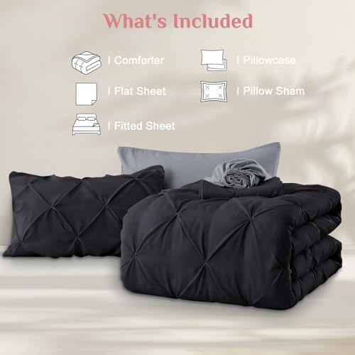 JOLLYVOGUE Twin XL Comforter Set 7 Pieces - Bed in a Bag Twin XL for All Season, Pintuck Bedding Comforter Sets with Comforter, Flat Sheet, Fitted Sheet and Pillowcases & Shams, Black & Light Grey