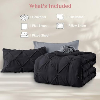 JOLLYVOGUE Twin XL Comforter Set 7 Pieces - Bed in a Bag Twin XL for All Season, Pintuck Bedding Comforter Sets with Comforter, Flat Sheet, Fitted Sheet and Pillowcases & Shams, Black & Light Grey