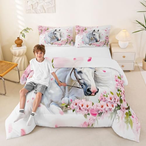 Feelyou White Horse Comforter Set Queen Size Bedding Set for Teens