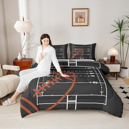 American Football Field Comforter Set Full Size,Boys Ball Sports Games Themed Polyester Bedding Comforters for Girls Teens Gift,Brown Rugby Gloves Sporting Equipment Quilt Set with 2 Pillowcases