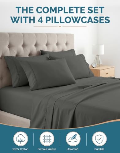 Casa Platino Cal King Sized Sheets – 6 Piece Cal King Size Sheets Set, Soft & Breathable, with 15 Inch Deep Pocket Fitted Sheet, Cozy Cooling Sheets, Great for Daily Use, Machine Washable – Dark Grey